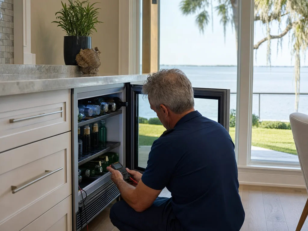 Technician repairing a built-in beverage center in a Tampa Bay kitchen