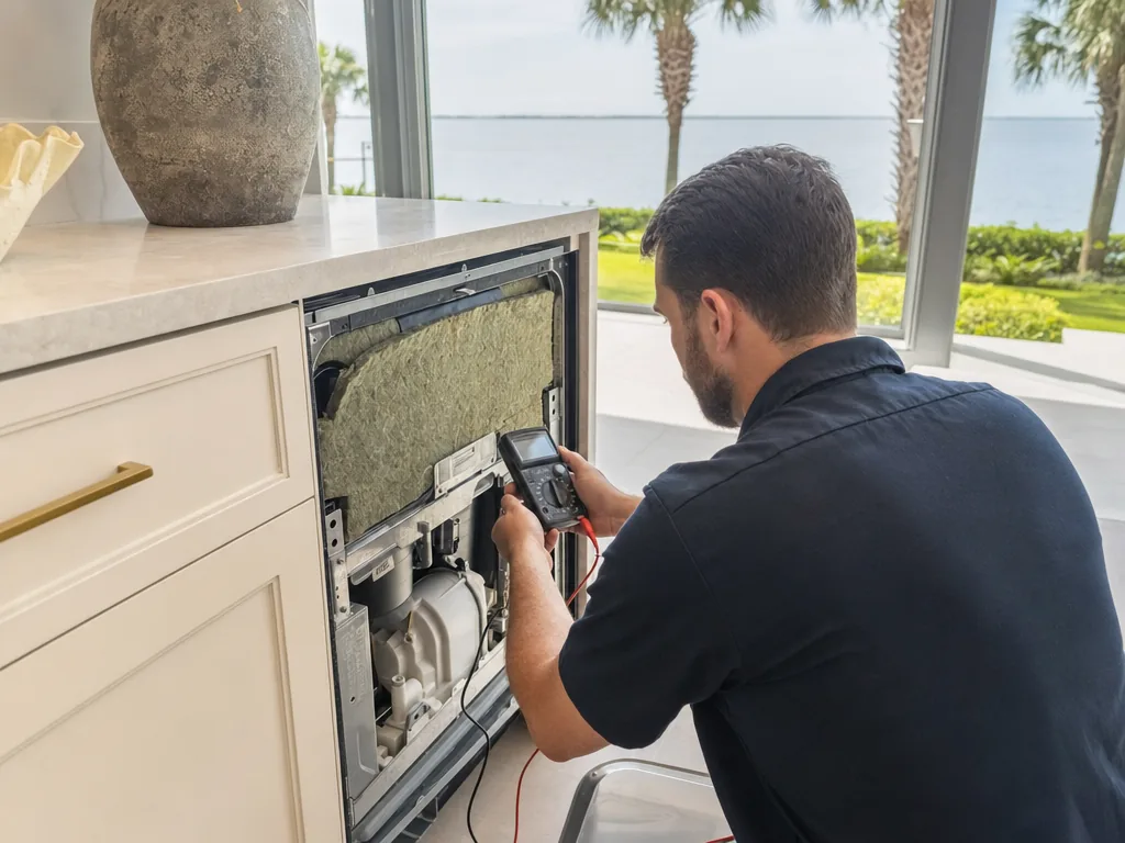 Technician servicing a Bosch built-in appliance in a Tampa Bay home