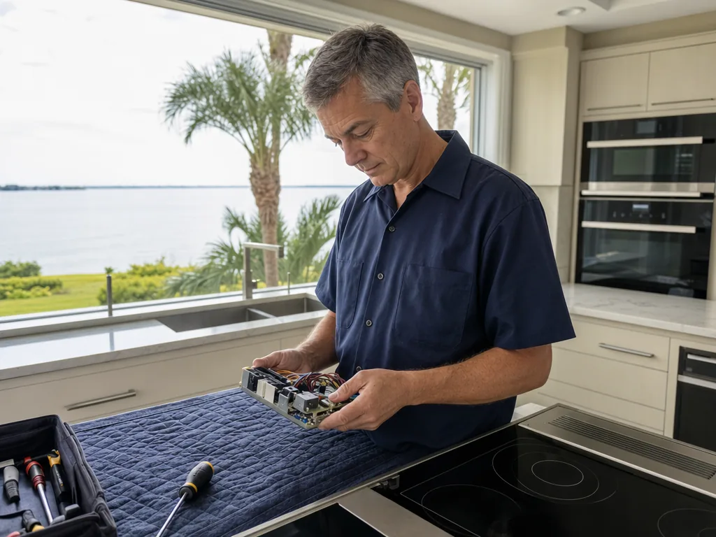 Control board inspection during an appliance repair visit in Tampa Bay, Florida