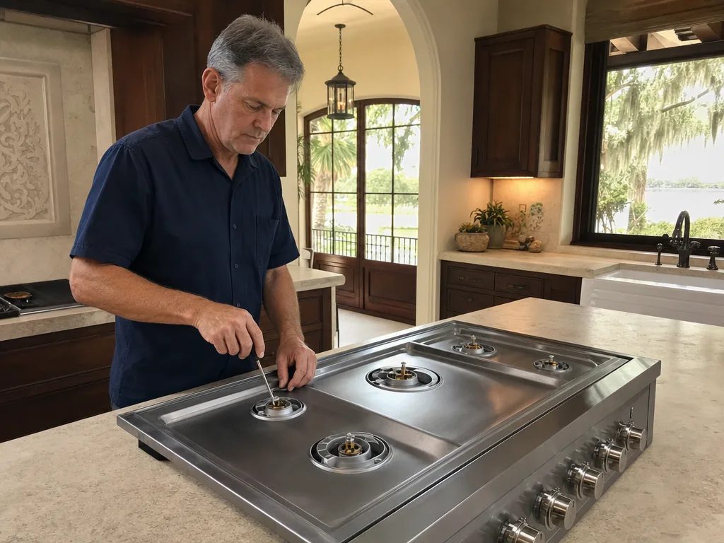 Technician repairing a built-in cooktop in a Tampa Bay kitchen