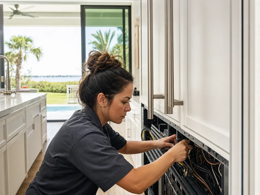 Technician servicing a Dacor built-in appliance in a Tampa Bay home