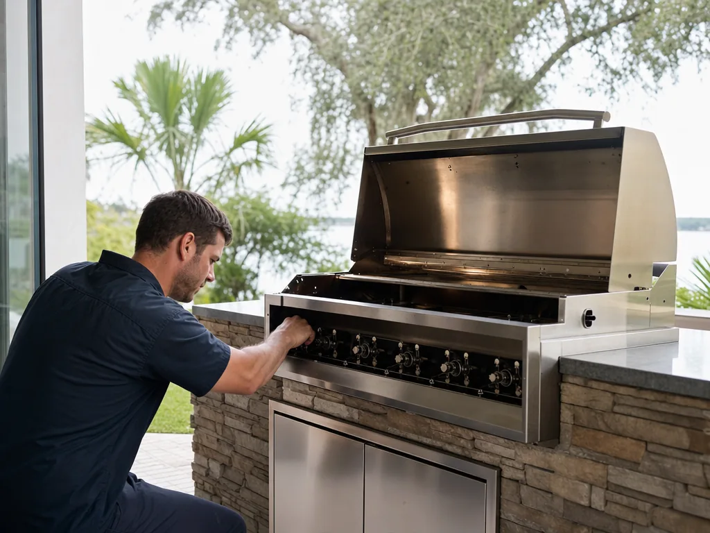Technician servicing a DCS built-in appliance in a Tampa Bay home