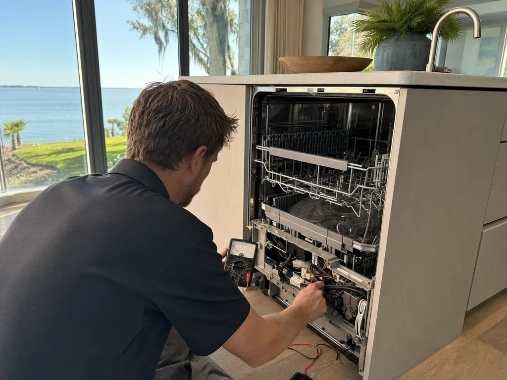 Technician repairing a built-in dishwasher in a Tampa Bay kitchen