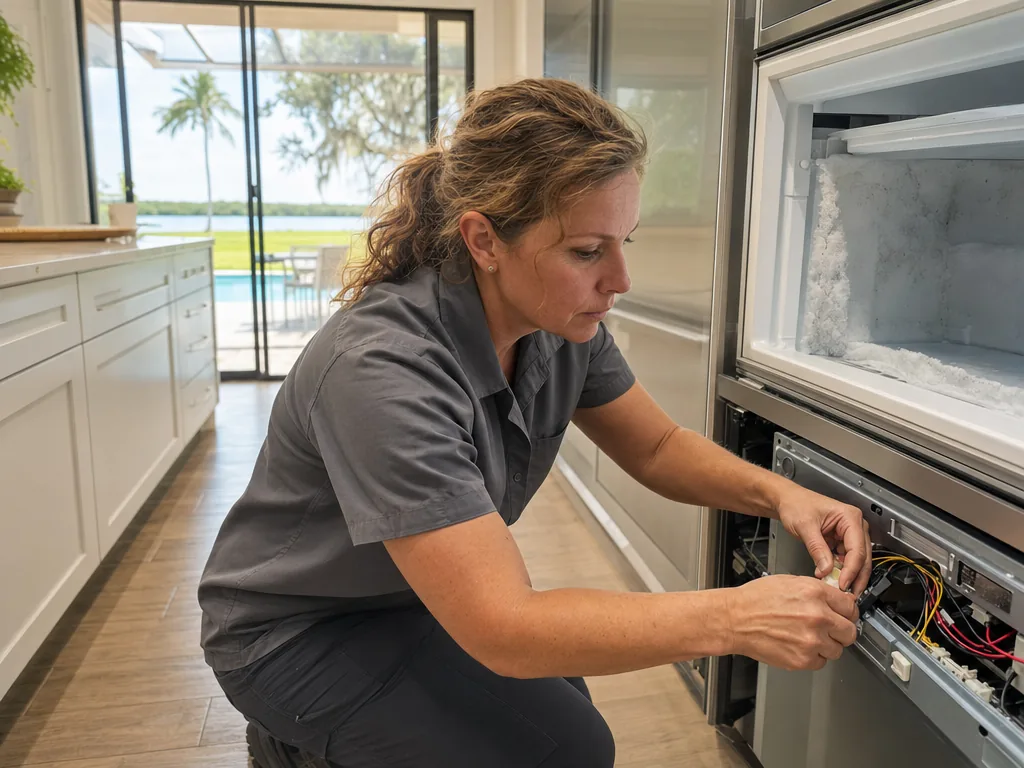 Technician repairing a built-in freezer in a Tampa Bay kitchen