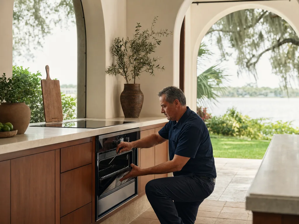 Technician servicing a Gaggenau built-in appliance in a Tampa Bay home