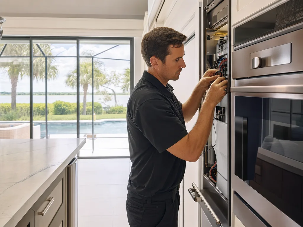 Technician servicing a GE Monogram built-in appliance in a Tampa Bay home
