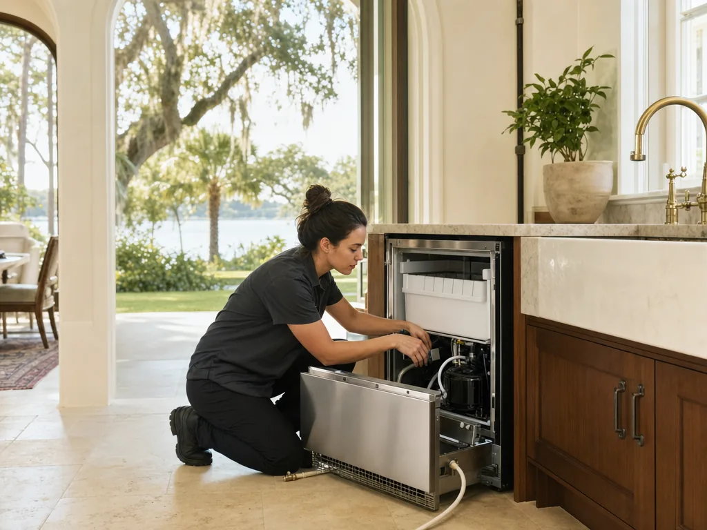Technician repairing a built-in ice maker in a Tampa Bay kitchen