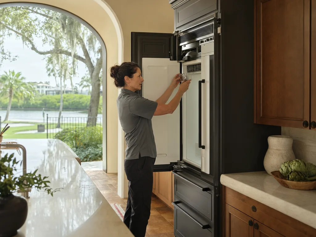 Technician servicing a JennAir built-in appliance in a Tampa Bay home