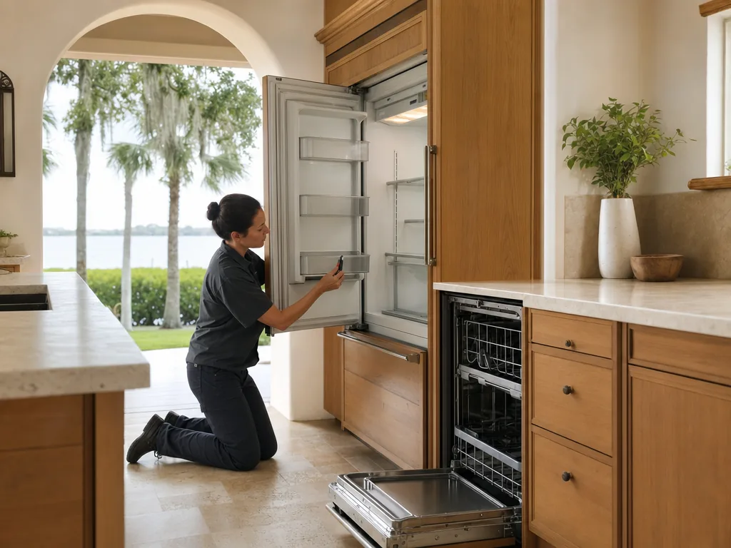 Technician servicing a KitchenAid built-in appliance in a Tampa Bay home