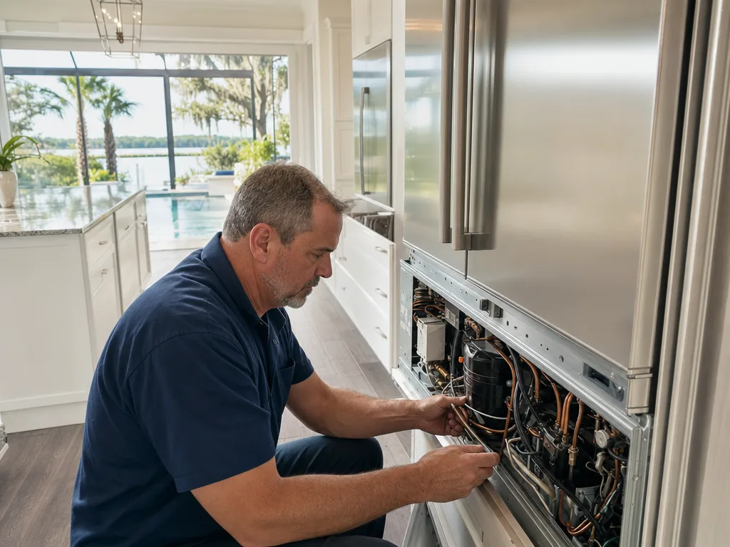 Technician servicing a LG built-in appliance in a Tampa Bay home