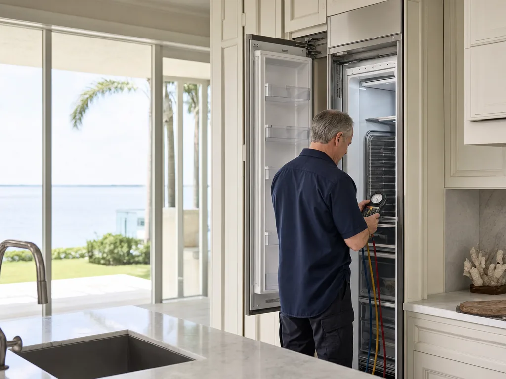 Technician servicing a Liebherr built-in appliance in a Tampa Bay home