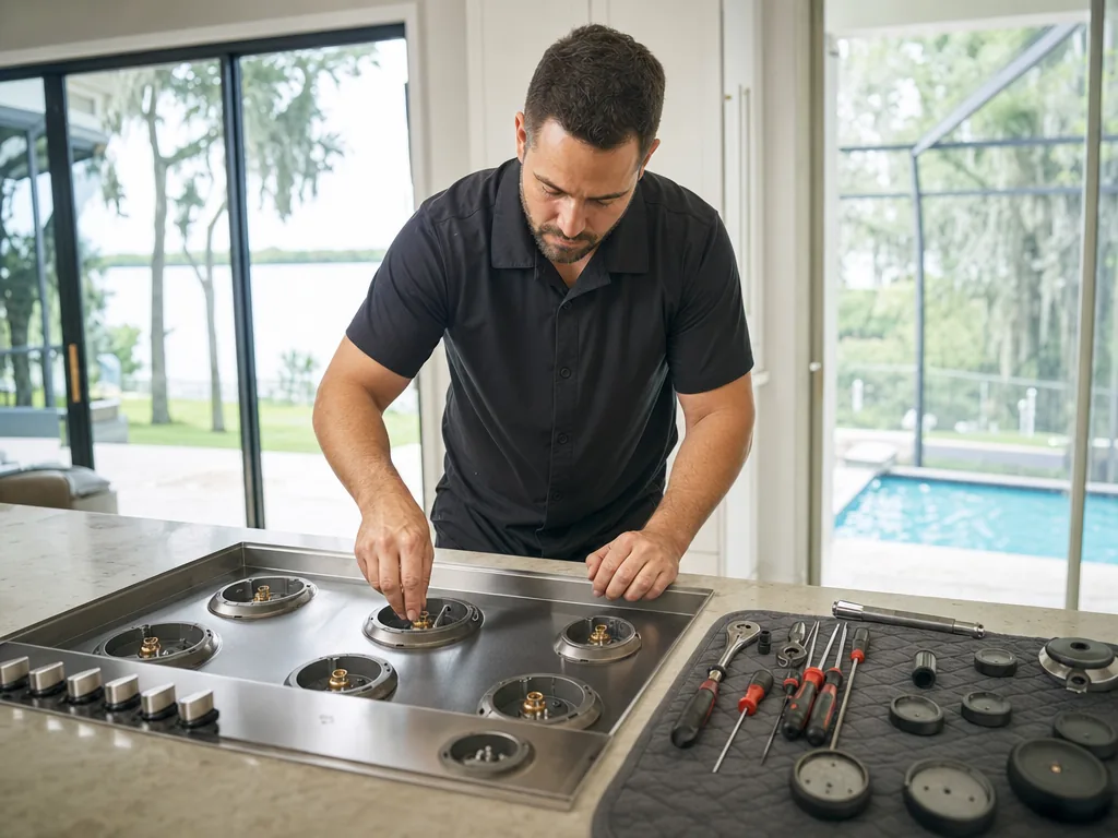 Built-in cooktop opened for repair in a Tampa Bay kitchen