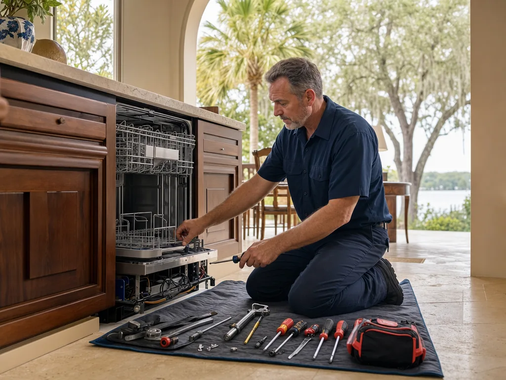 Built-in dishwasher opened for repair in a Tampa Bay kitchen
