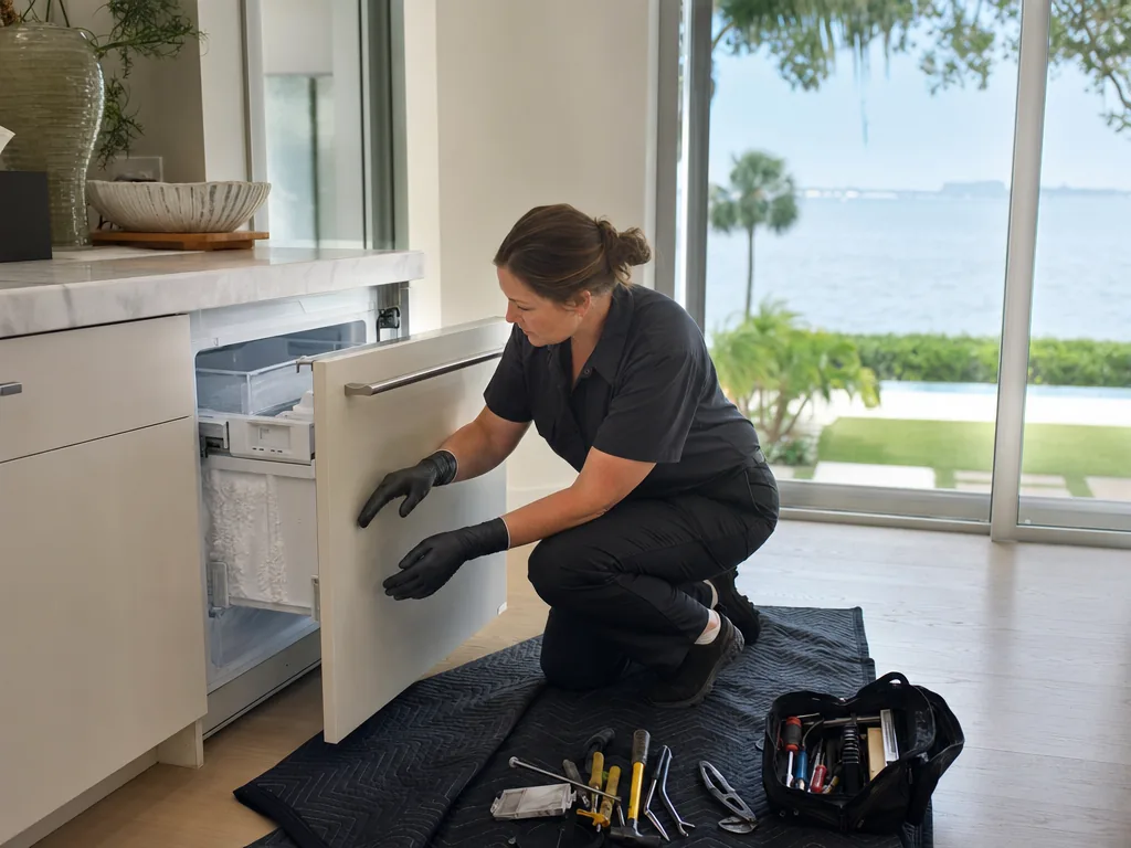 Built-in freezer opened for repair in a Tampa Bay kitchen