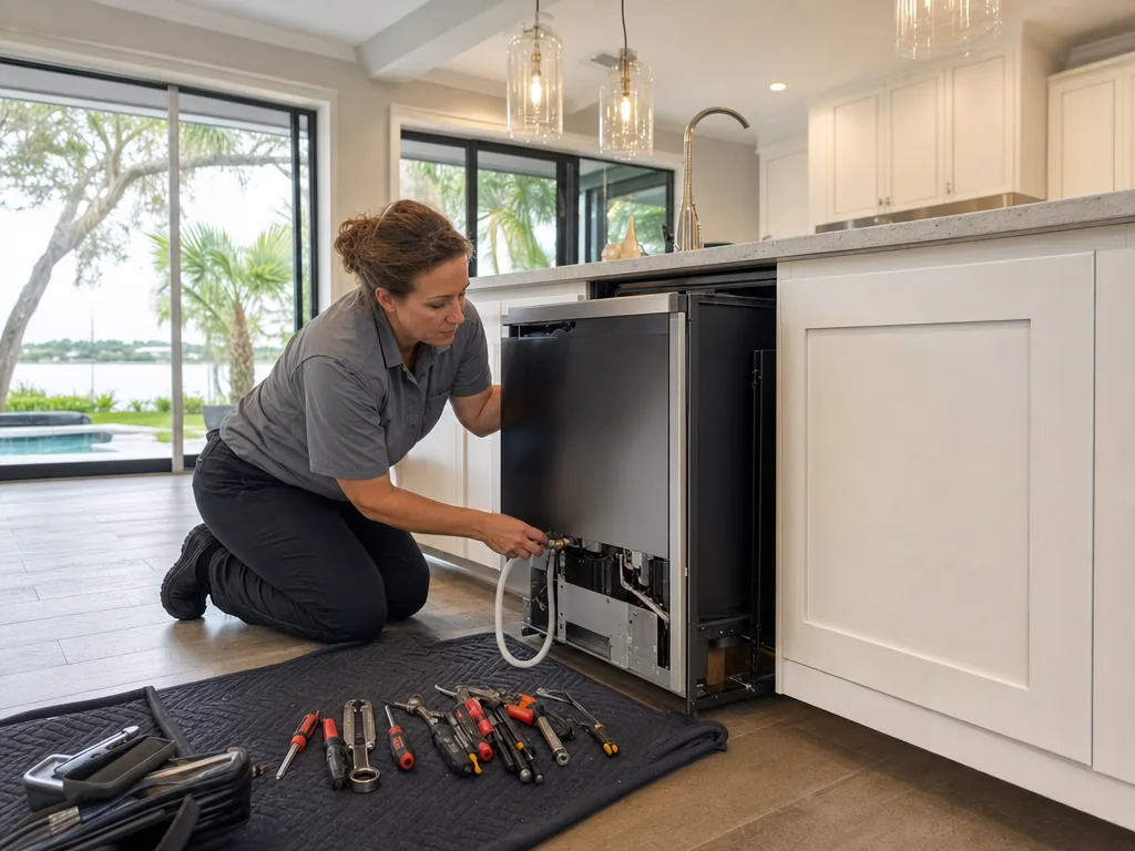 Built-in ice maker opened for repair in a Tampa Bay kitchen