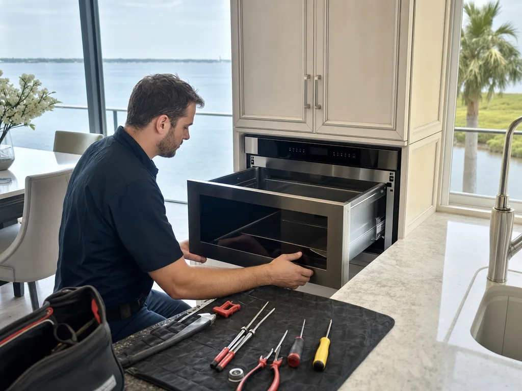 Built-in microwave opened for repair in a Tampa Bay kitchen
