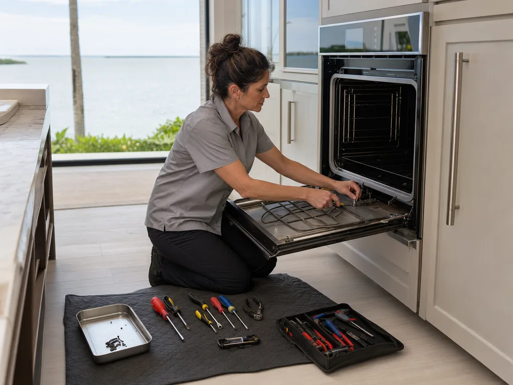 Built-in oven opened for repair in a Tampa Bay kitchen