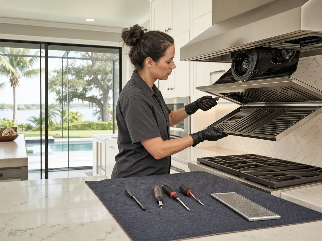 Built-in range hood opened for repair in a Tampa Bay kitchen