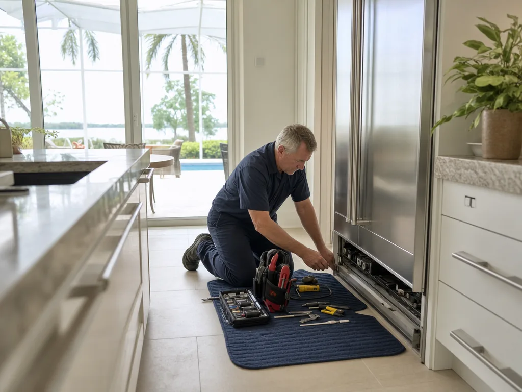 Built-in refrigerator opened for repair in a Tampa Bay kitchen
