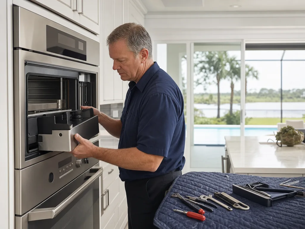 Built-in steam oven opened for repair in a Tampa Bay kitchen