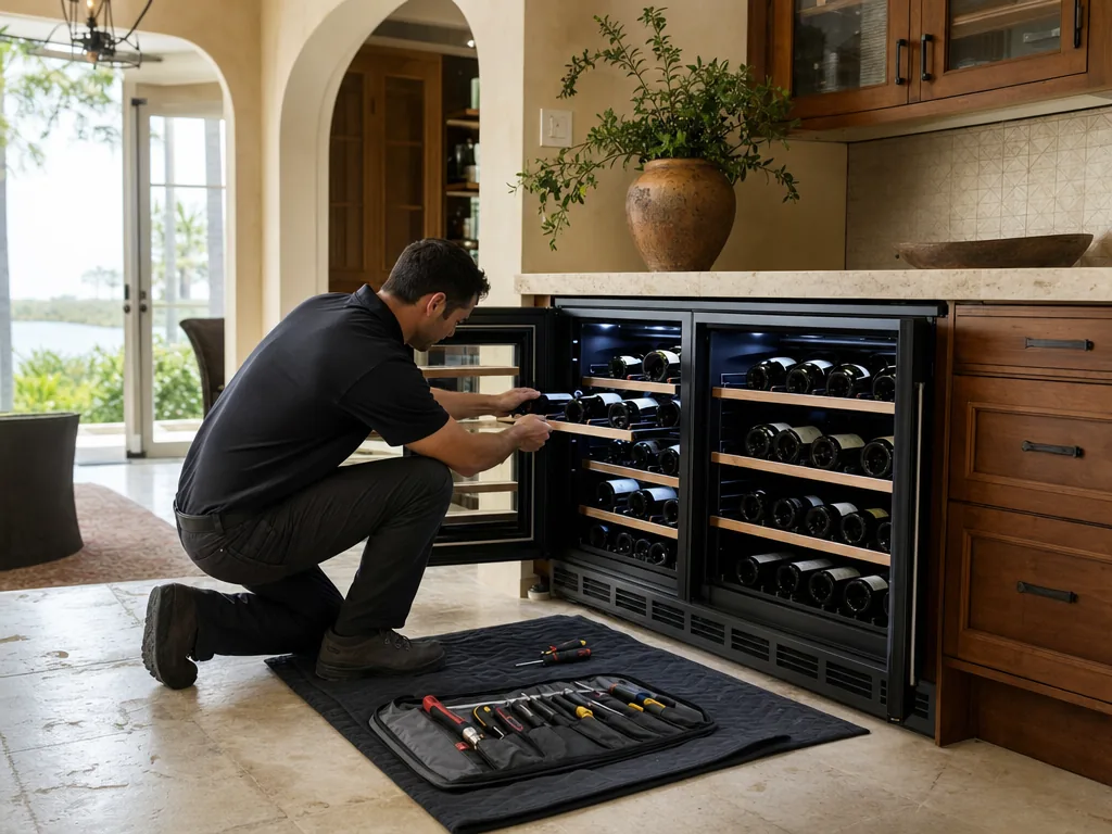 Built-in wine cooler opened for repair in a Tampa Bay kitchen