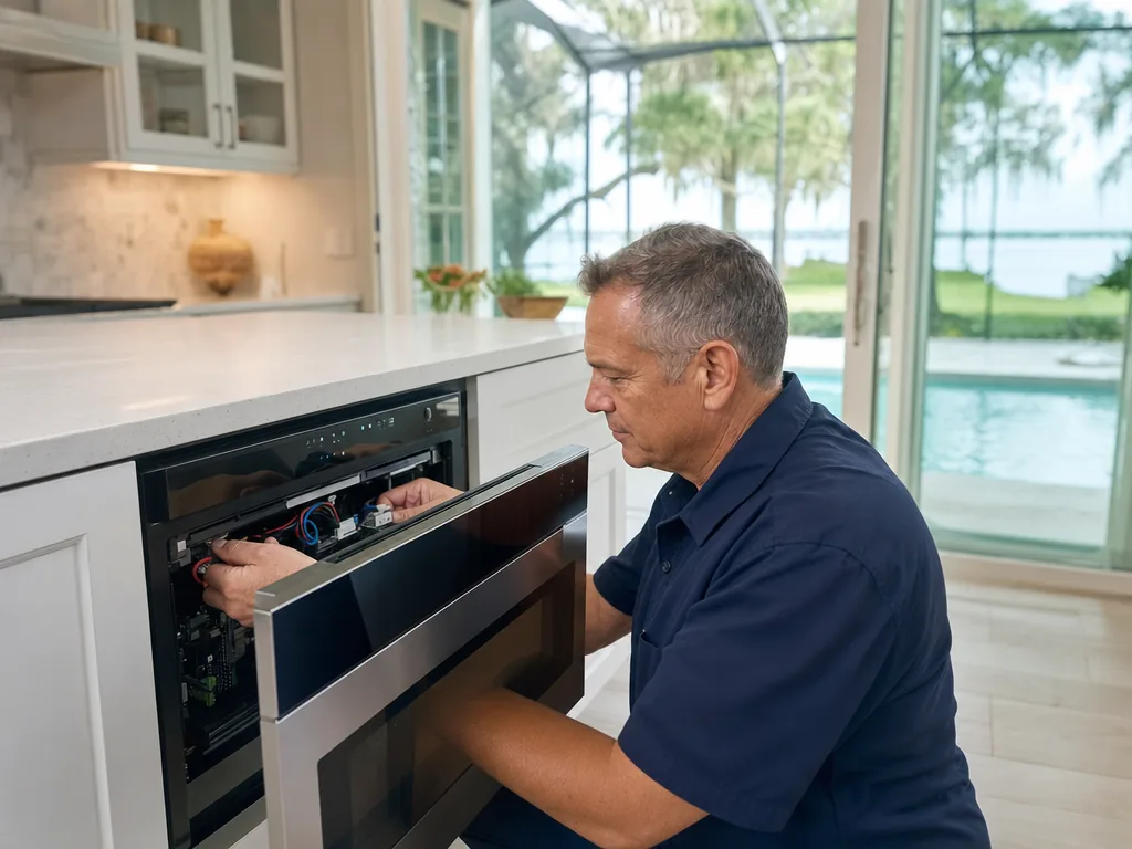 Technician repairing a built-in microwave in a Tampa Bay kitchen