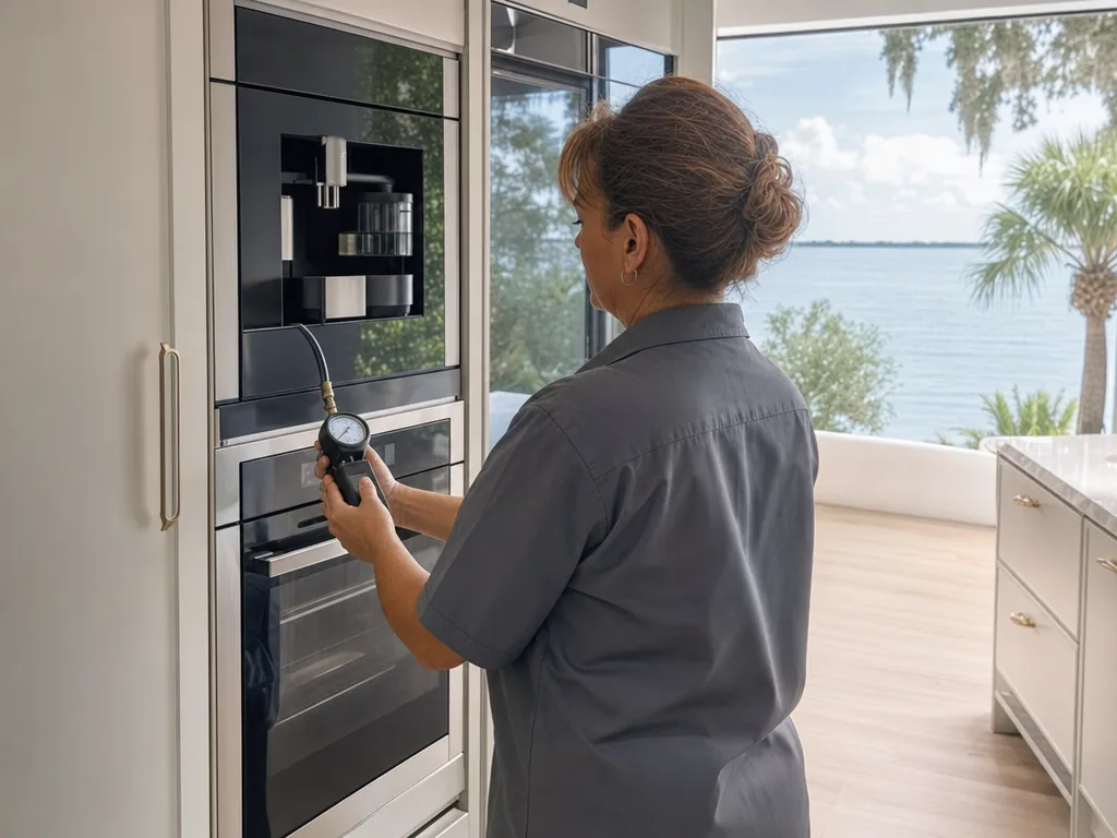 Technician servicing a Miele built-in appliance in a Tampa Bay home