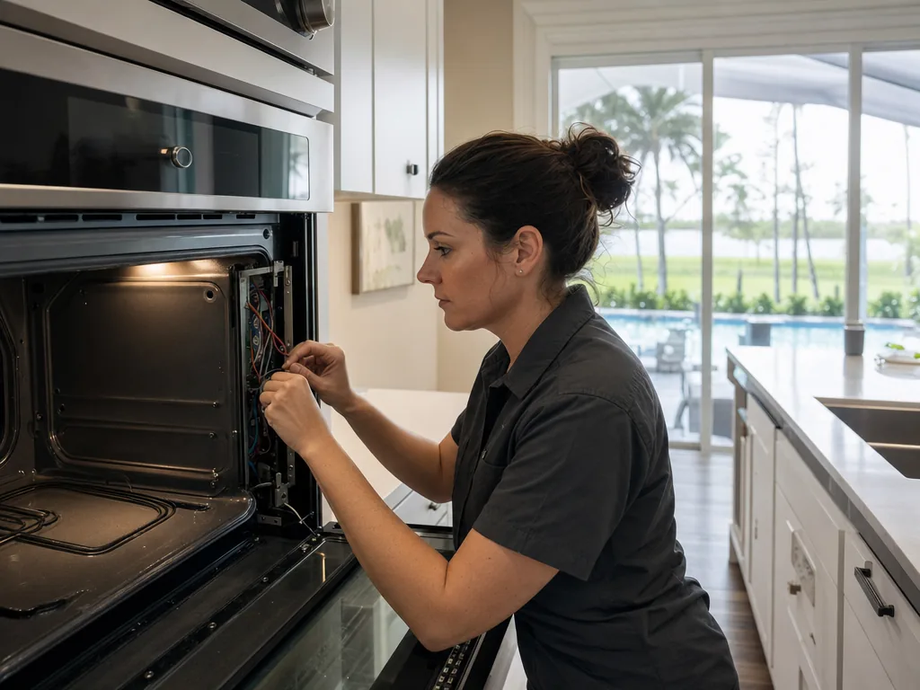 Technician repairing a built-in oven in a Tampa Bay kitchen