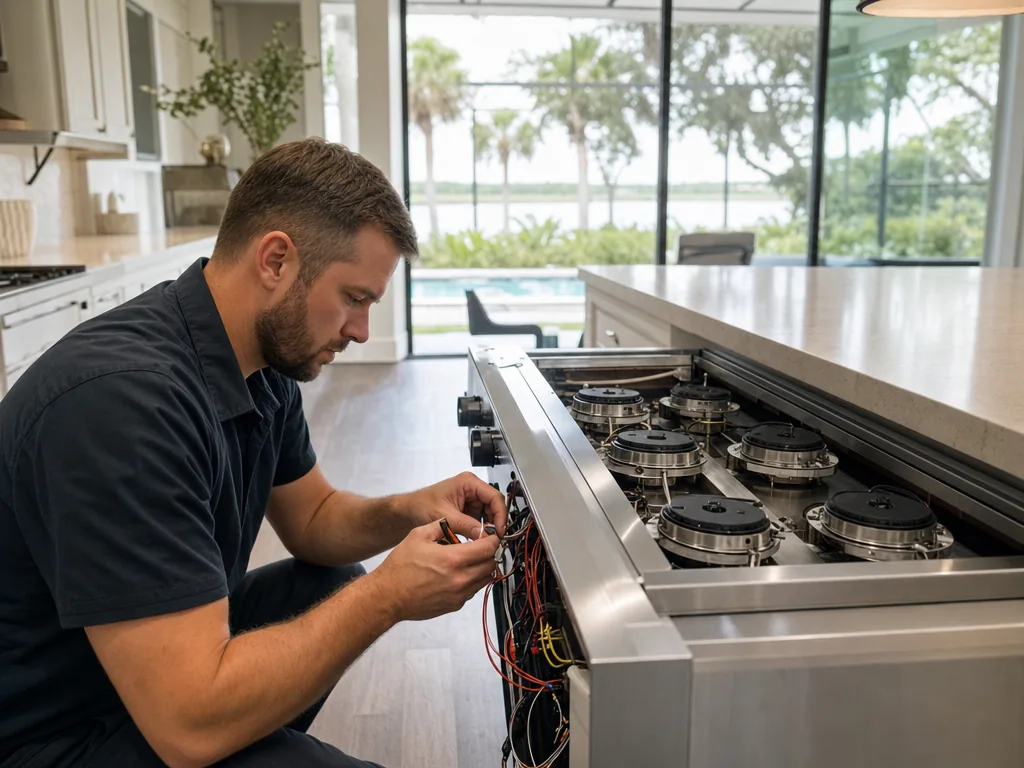 Technician repairing a built-in range in a Tampa Bay kitchen