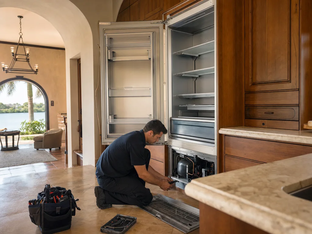 Technician repairing a built-in refrigerator in a Tampa Bay kitchen