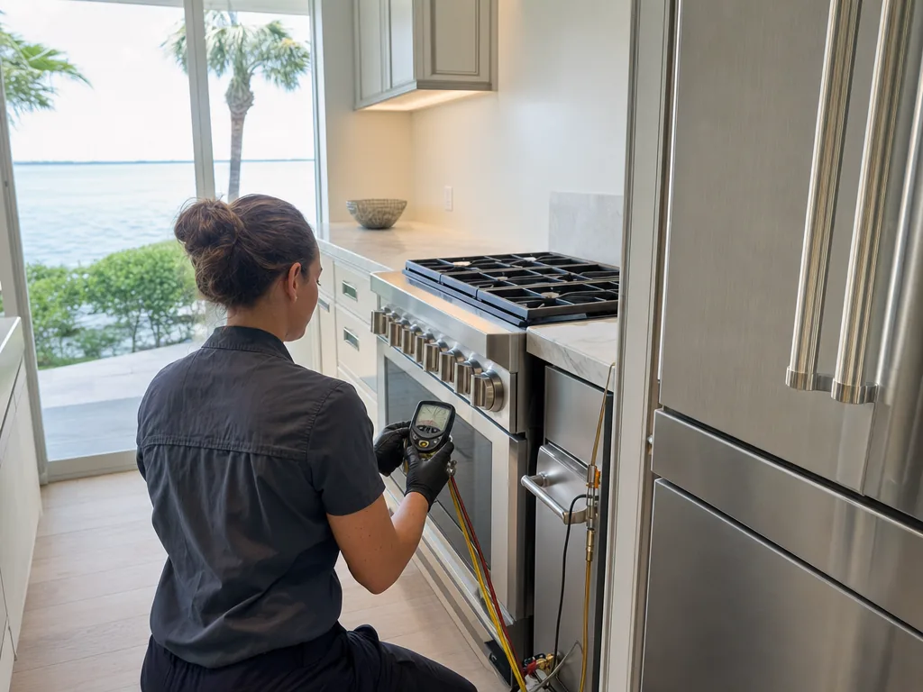 Technician servicing a Samsung built-in appliance in a Tampa Bay home