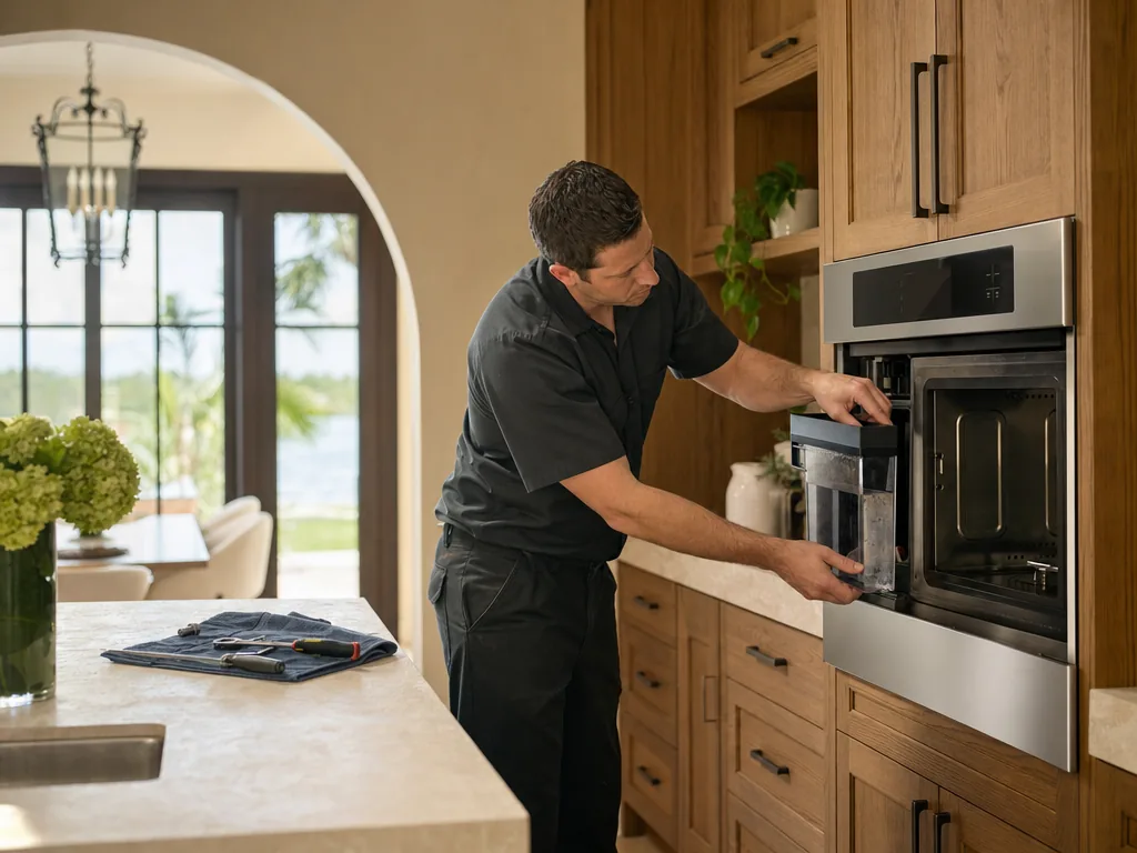 Technician repairing a built-in steam oven in a Tampa Bay kitchen
