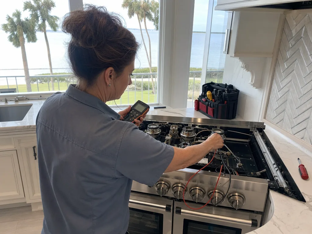 Technician repairing a built-in stove in a Tampa Bay kitchen