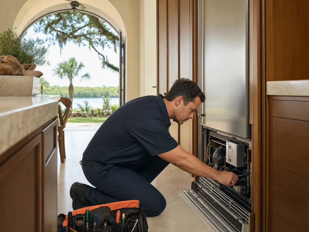 Technician servicing a built-in Sub-Zero refrigerator in a Tampa Bay kitchen