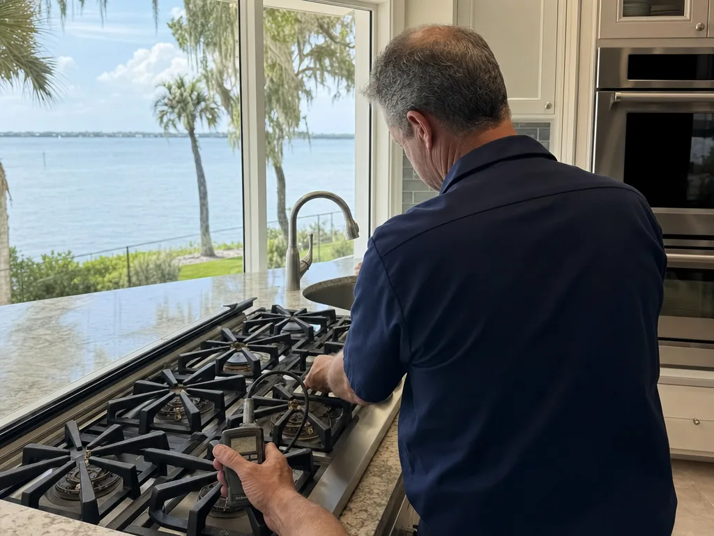 Technician servicing a Thermador built-in appliance in a Tampa Bay home