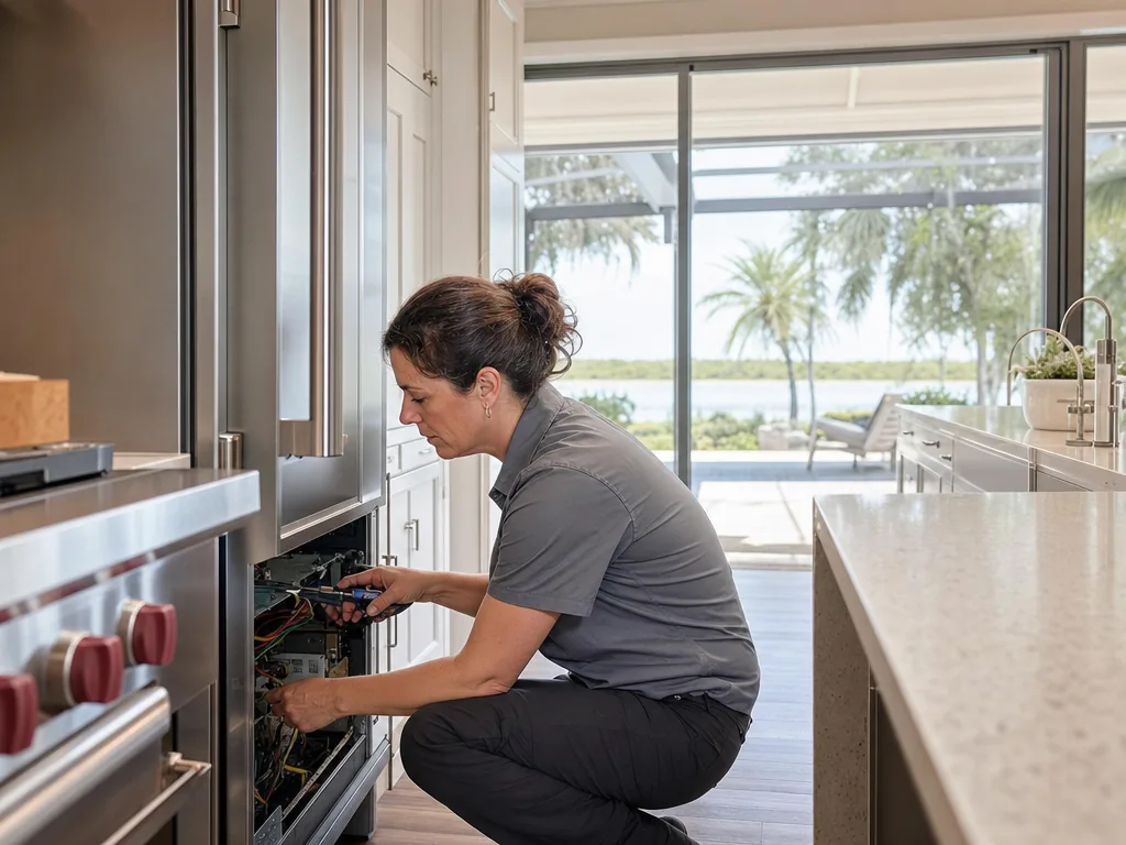 Technician servicing a Viking built-in appliance in a Tampa Bay home