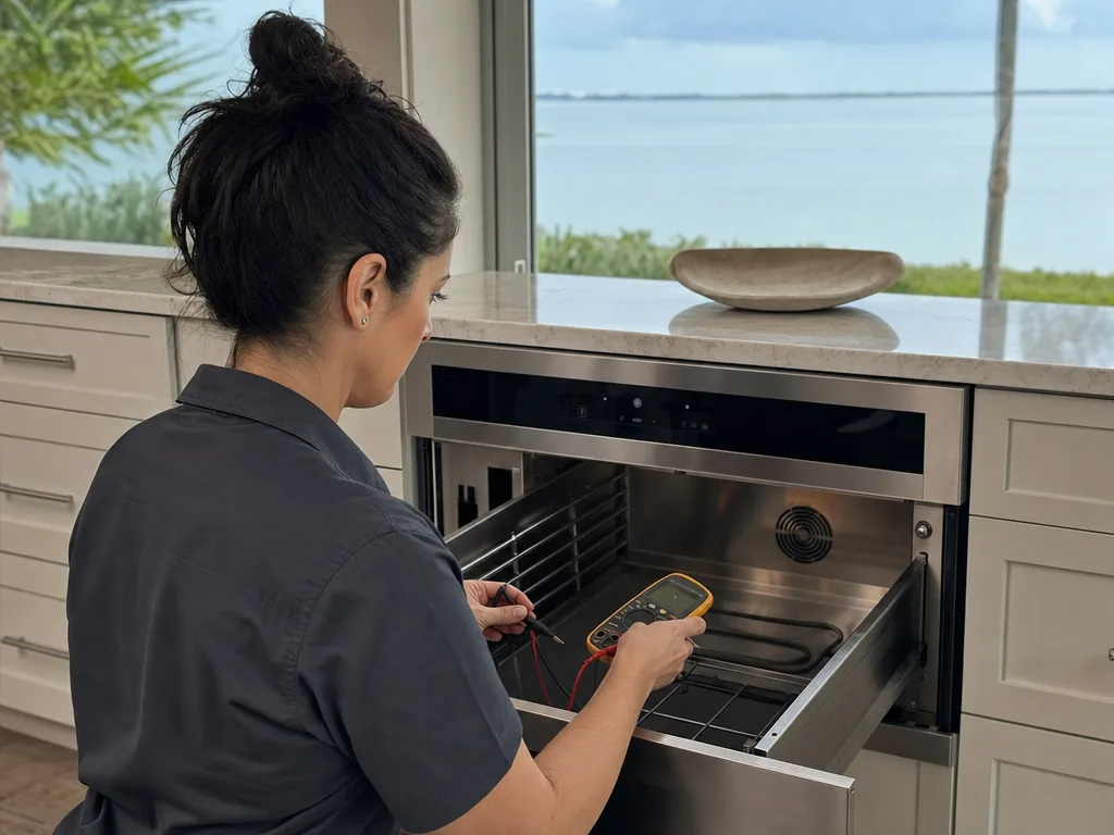 Technician repairing a built-in warming drawer in a Tampa Bay kitchen