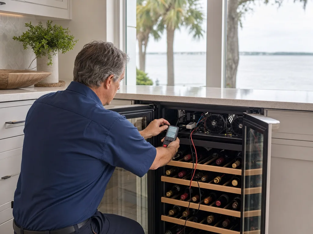 Technician repairing a built-in wine cooler in a Tampa Bay kitchen