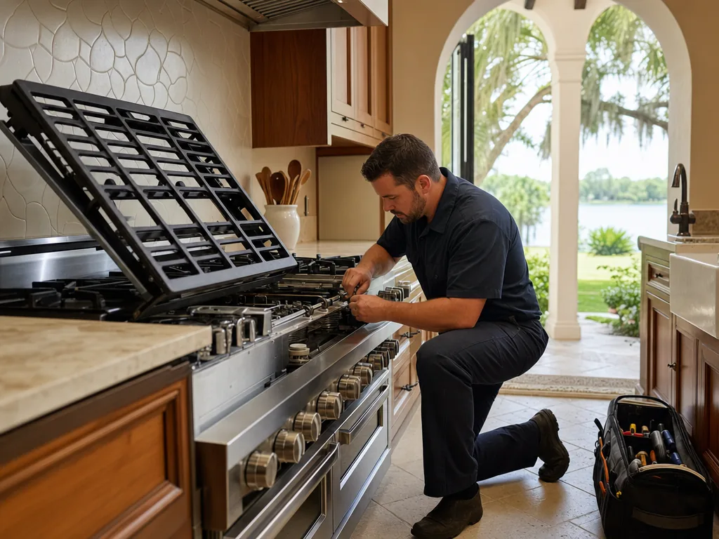 Technician servicing a Wolf built-in appliance in a Tampa Bay home